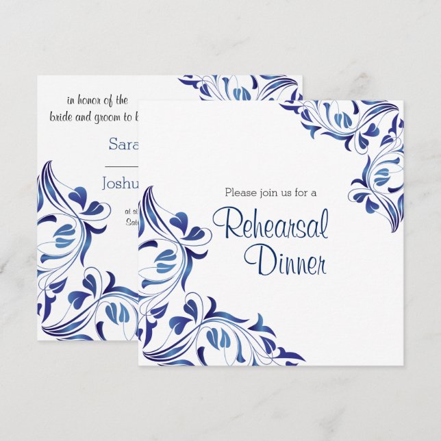 Modern Mörk blått Blommigt - repetitionsmiddag Inbjudningar (Fram/baksida)