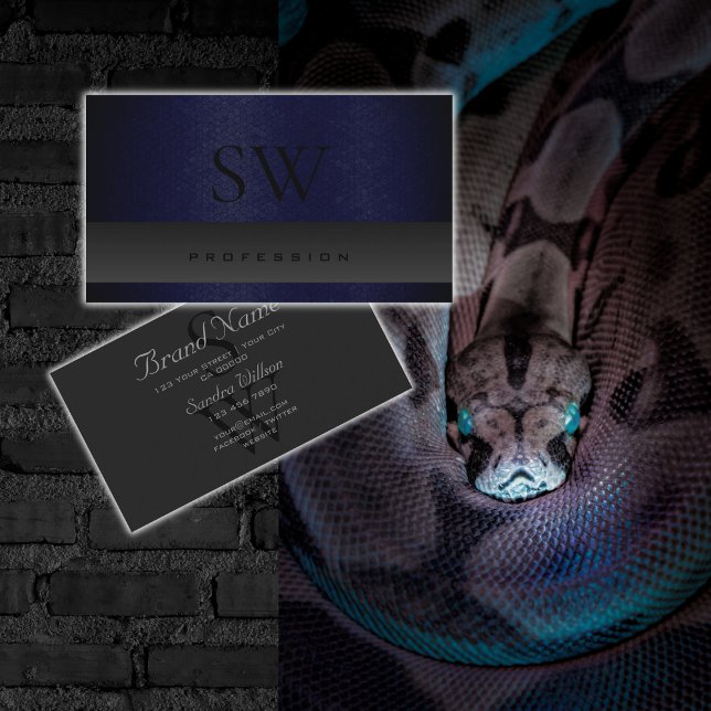 Modern Mörk blått Snake Mönster Grått med Monogram Visitkort (Skapare uppladdad)