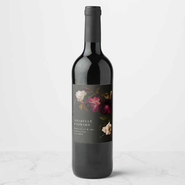 Modern Mörk Blommig Bröllop Romantisk Vinflaska Etikett (Framsida)