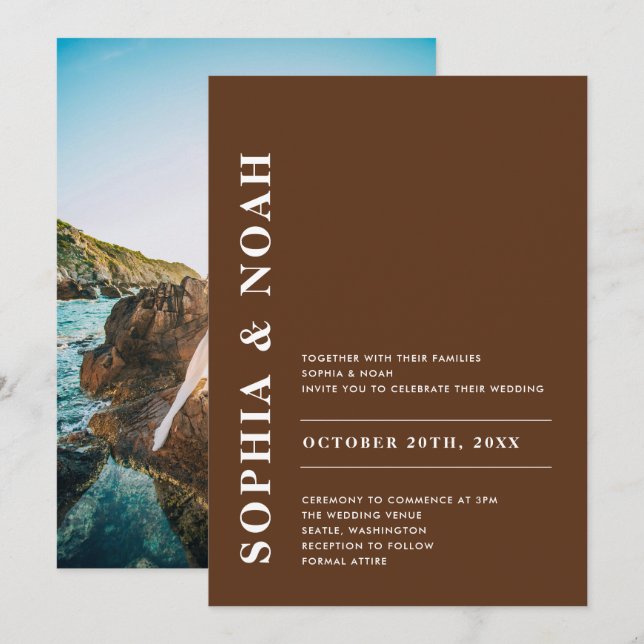 Modern Mörk Brown-Elegant - enkelt Bröllop-foto Inbjudningar (Fram/baksida)