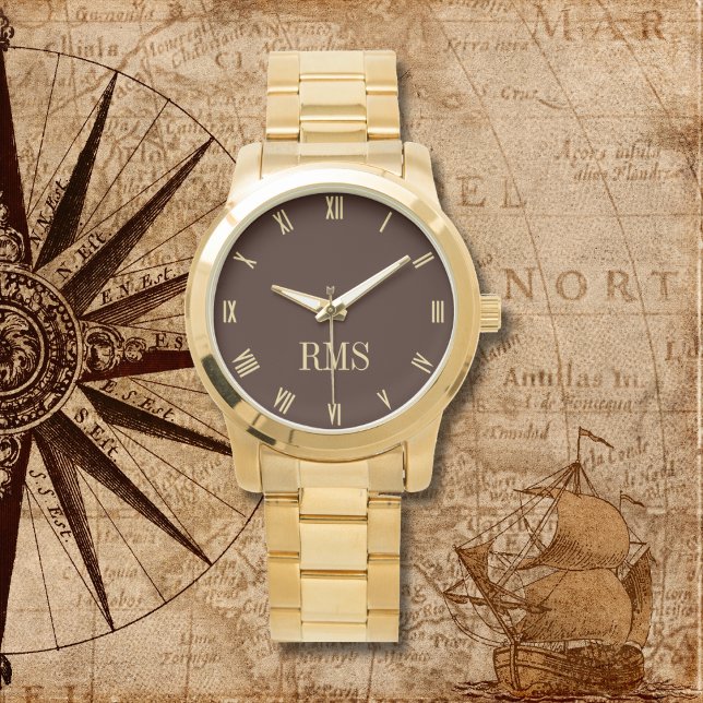 Modern Mörk Brown Monogram Oversized Guld Bracelet Armbandsur (Modern Dark Brown Monogram Oversized Gold Bracelet Watch)