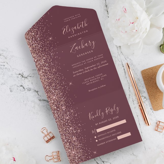 Modern Mörk Burgunder Rosa Guld Glitter Bröllop (Skapare uppladdad)