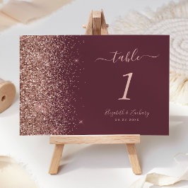 Modern mörk burgunder Rosa Guld Glitter Bröllop Bordsnummer