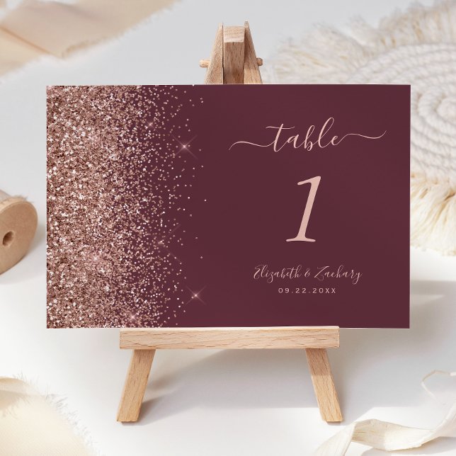 Modern mörk burgunder Rosa Guld Glitter Bröllop Bordsnummer (Skapare uppladdad)