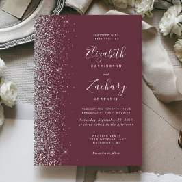 Modern Mörk Burgunder Silver Glitter Kant Bröllop Inbjudningar