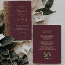 Modern mörk burgunderguld glitter QR-kod bröllop