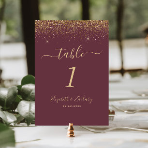 Modern Mörk Burgundy Guld Glitter Kant Bröllop Bordsnummer