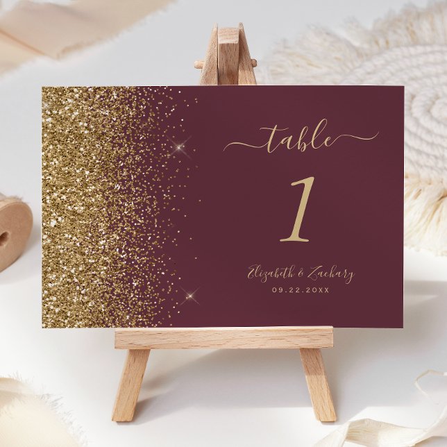 Modern Mörk Burgundy Guld Glitter Kant Bröllop Bordsnummer (Skapare uppladdad)