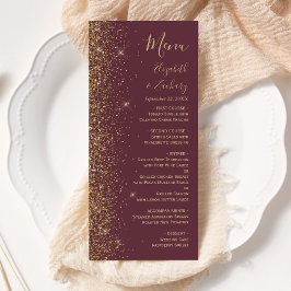 Modern Mörk Burgundy Guld Glitter Kant Bröllop Meny