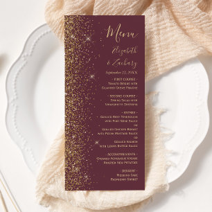Modern Mörk Burgundy Guld Glitter Kant Bröllop Meny