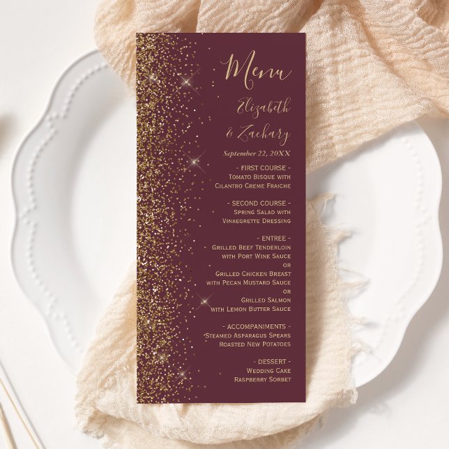 Modern Mörk Burgundy Guld Glitter Kant Bröllop Meny (Skapare uppladdad)