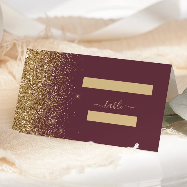 Modern Mörk Burgundy Guld Glitter Kant Bröllop Placeringskort (Skapare uppladdad)