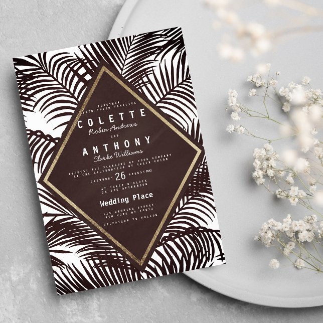 Modern mörk burgundy tropiska handflatan Bröllop Inbjudningar (Modern dark burgundy tropical palm Wedding)