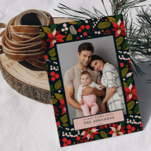 Modern Mörk Dyster Blå Röd Poinsettia Foto Julkort