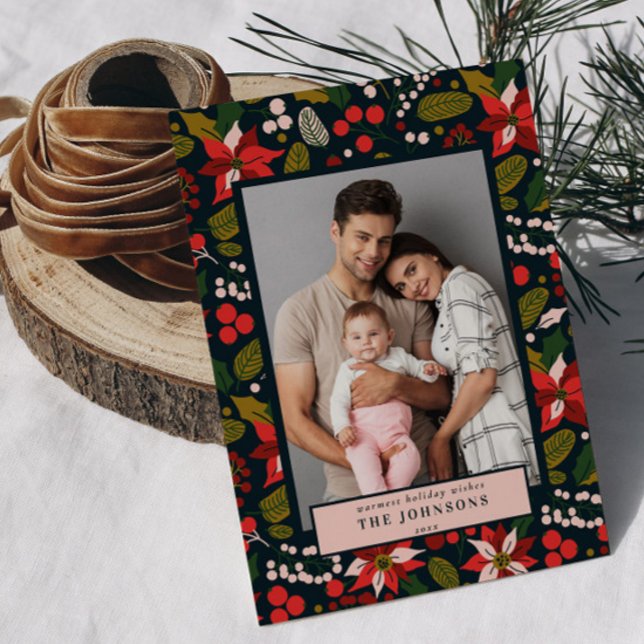 Modern Mörk Dyster Blå Röd Poinsettia Foto Julkort (Skapare uppladdad)