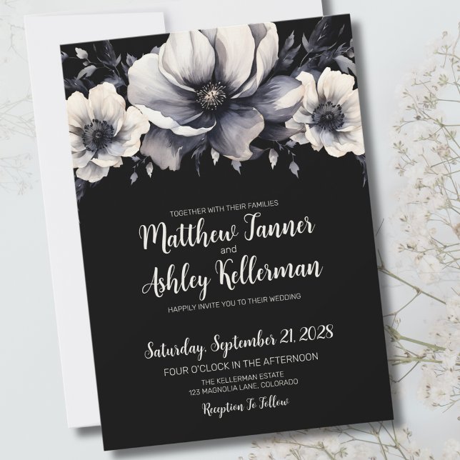 Modern Mörk Dyster Svart Blommig Bröllop Inbjudningar (Chic Trendy Modern Black White Floral Wedding Invitation)