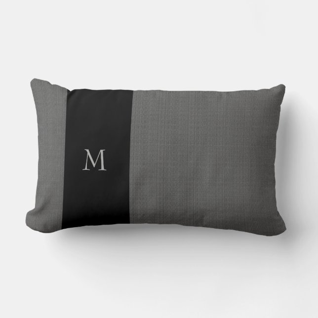 Modern mörk - grå monogram för burlapsvartmönster lumbarkudde (Framsida)