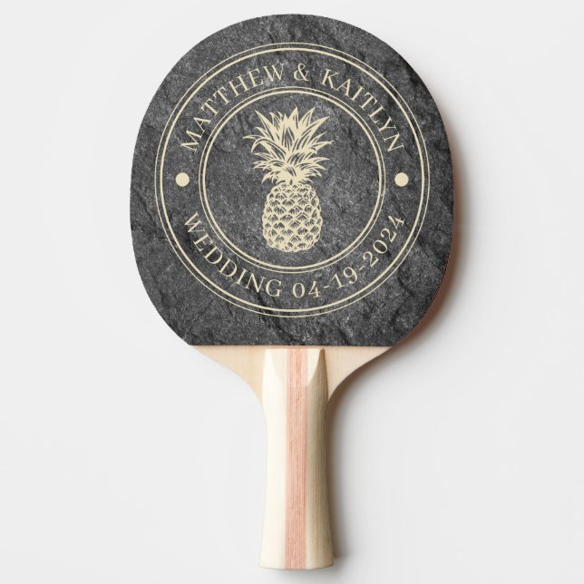 Modern Mörk Granit Ananas Bröllopskam & Namn Pingisracket (Framsidan)