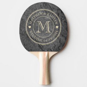 Modern Mörk Granit Sten Bröllops Monogram Hjärtat Pingisracket