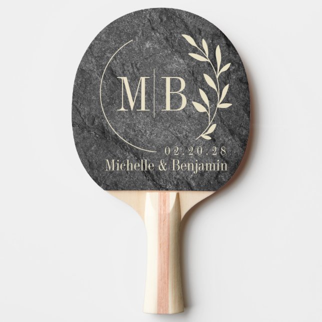 Modern Mörk Granit Stens Blad Bröllops Monogram Pingisracket (Framsidan)