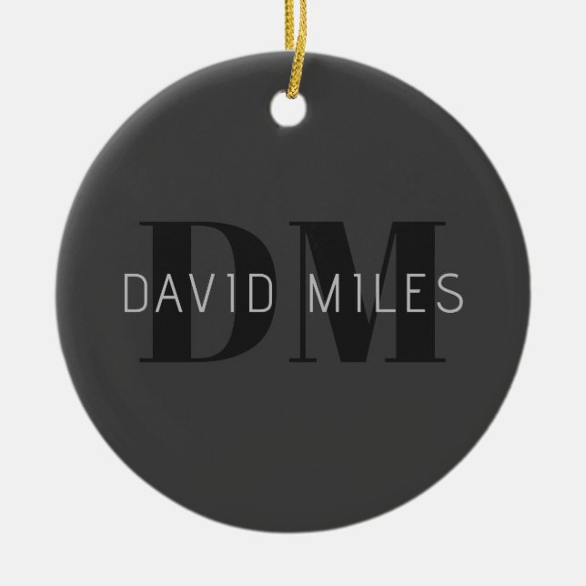 Modern Mörk Grått & Black Editable Namn & Monogram Julgransprydnad Keramik (Framsidan)