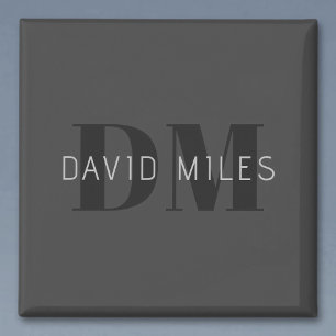 Modern Mörk Grått & Black Editable Namn & Monogram Magnet