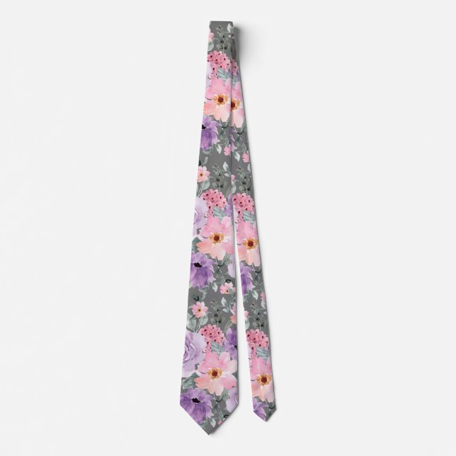 Modern Mörk Grått Blommigt Watercolor Bröllop Slips (Framsida)