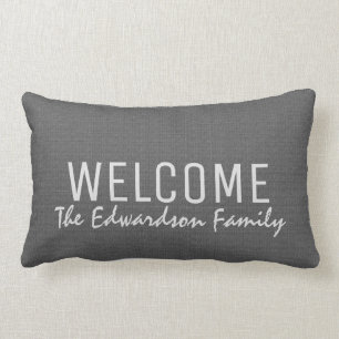 Modern mörk grått burlap Välkomstfamiljens mono Lumbarkudde
