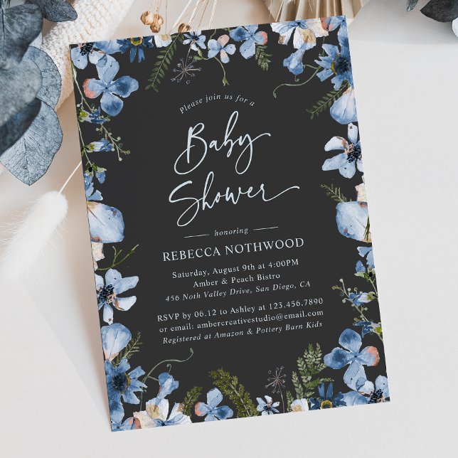 Modern Mörk Grått Dusty Blue Boy Shower Inbjudningar (Skapare uppladdad)