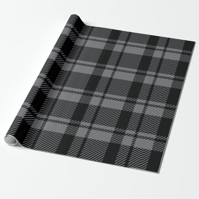 Modern Mörk Grått och Black Tartan Play Presentpapper (Utrullad)
