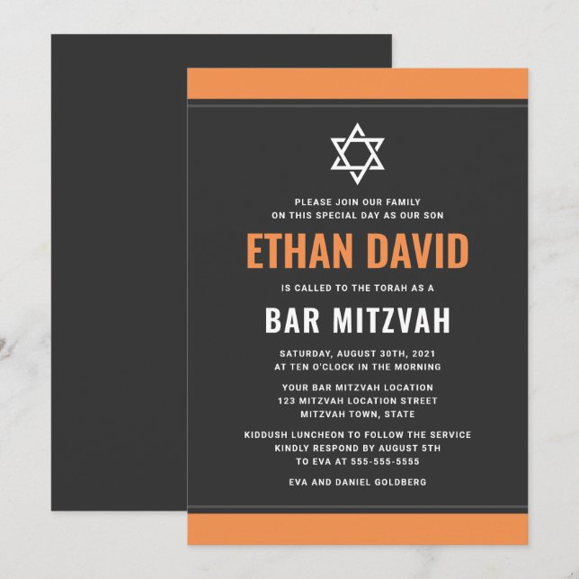Modern mörk grått orange gräns pub mitzvah inbjudningar (Fram/baksida)