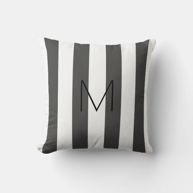 Modern mörk grått vit rand monogrammat kudde (Framsida)