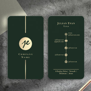 Modern Mörk Grön Guld Lyxig Handskriven Monogram Visitkort