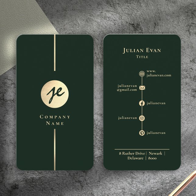 Modern Mörk Grön Guld Lyxig Handskriven Monogram Visitkort (Modern Dark Green Gold Luxe Handwriting Monogram Business Card)