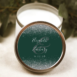 Modern Mörk Grön Silver Glitter Kant Bröllop Runt Klistermärke