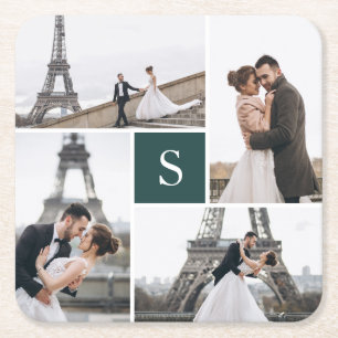 Modern Mörk grönt 4 fotogalleri och monogram Underlägg Papper Kvadrat