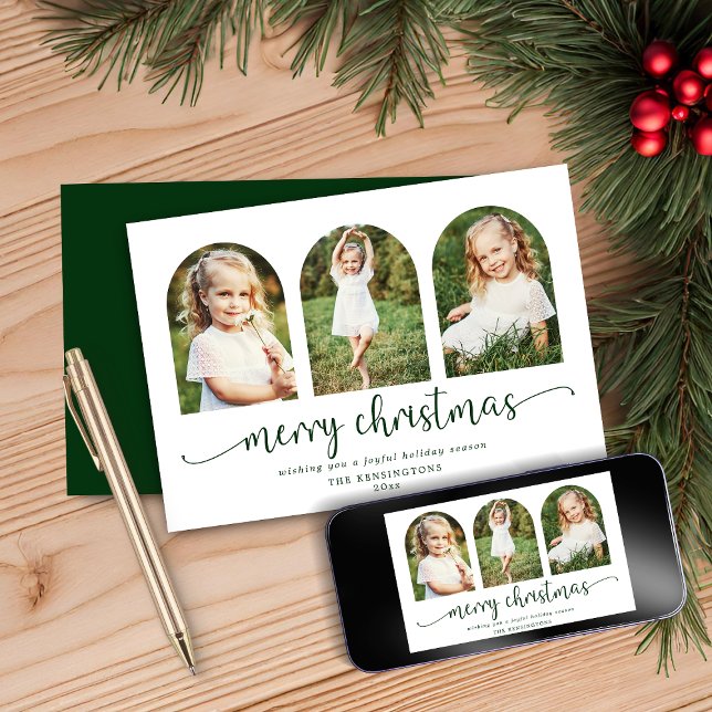 Modern Mörk grönt Arch 3 - fotojul Julkort (Modern Dark Green Arch 3 Photo Christmas Holiday Card)