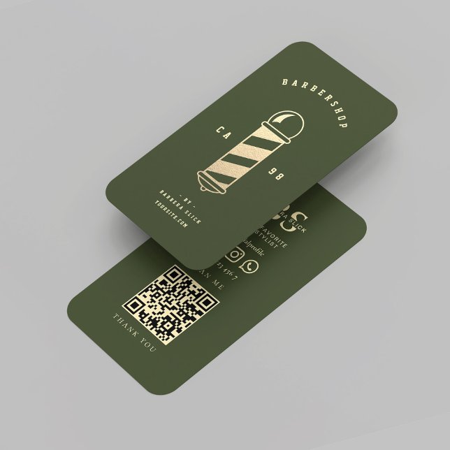 Modern Mörk grönt Barbershop Travel Barber Pole Visitkort (Modern Barbershop Dark Green QR Gold Barber Pole Business Card
)