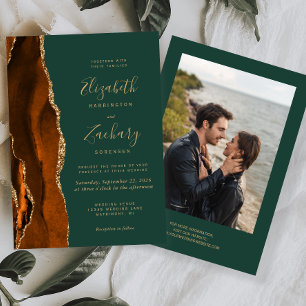 Modern Mörk grönt Guld-agatfoto Bröllop Inbjudningar