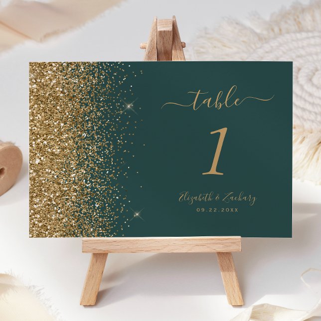 Modern Mörk grönt Guld Glitter Kant Bröllop Bordsnummer (Skapare uppladdad)