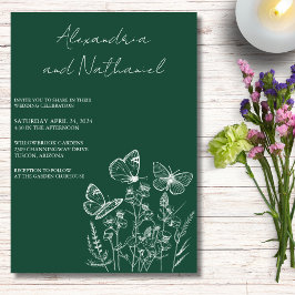 Modern Mörk grönt och vit fjäril Bröllop Inbjudningar