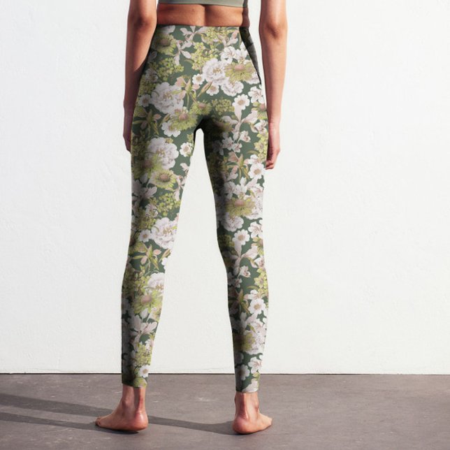 Modern Mörk grönt Olive-Blommönster tryckt Leggings (Modern dark green olive floral pattern printed leggings design for nature and flower lovers.)