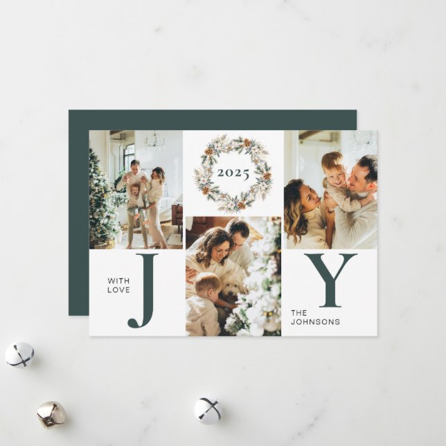Modern Mörk grönt Photo Collage Joy-jul Julkort (Fram/Back In Situ)