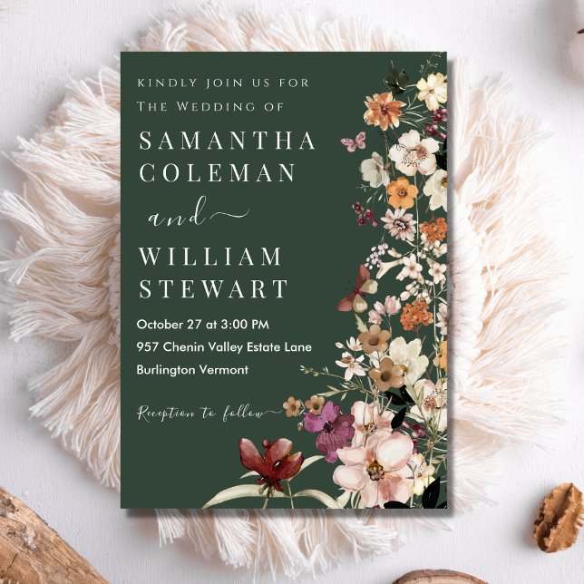 Modern Mörk grönt Rustic Boho Wildblomma Bröllop Inbjudningar (Skapare uppladdad)