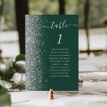 Modern Mörk grönt Silver Glitter Bröllop Bordsnummer<br><div class="desc">Det moderna bordsnumret i bröllop har ett faux-gräns i silver i den här elegantens lämnat kant. Ord "bord" visas i silver grått visstiskt handskriftsskript på mörk grönt bakgrund. Lägg till namnen för de gäster som tilldelats varje bord.</div>
