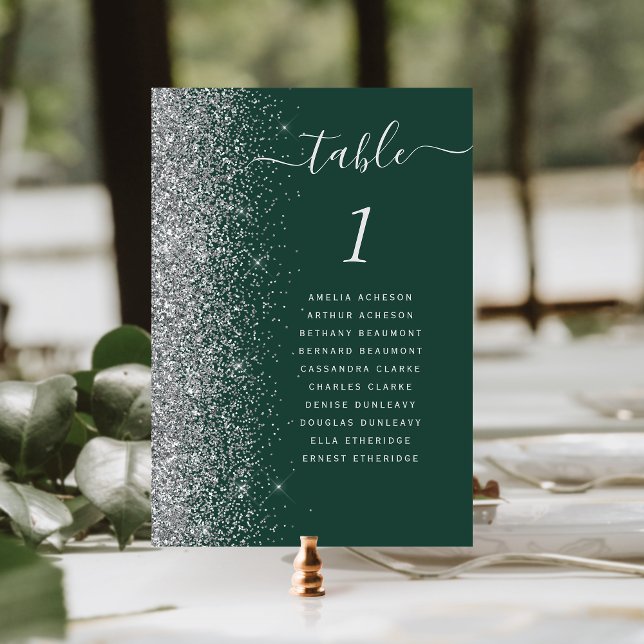 Modern Mörk grönt Silver Glitter Bröllop Bordsnummer (Skapare uppladdad)