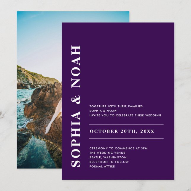 Modern Mörk Lila Elegant Enkel Bröllop-foto Inbjudningar (Fram/baksida)