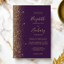 Modern mörk lila guld falskt glitter kant bröllop inbjudningar