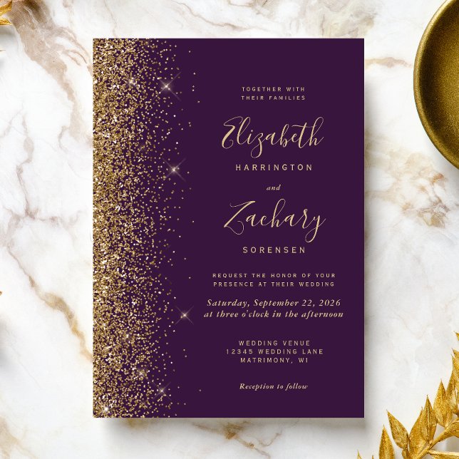 Modern mörk lila guld falskt glitter kant bröllop inbjudningar (Skapare uppladdad)