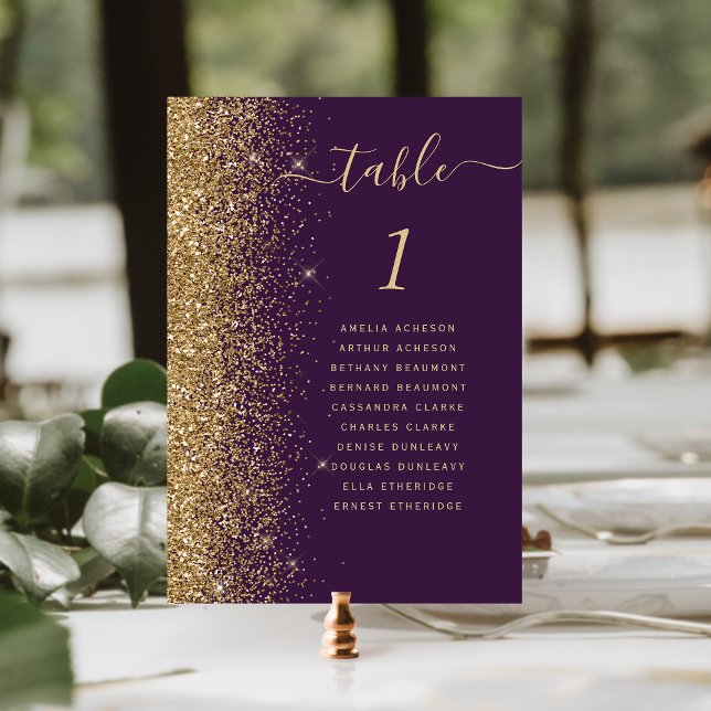 Modern mörk lila guld glitter bröllop bordsnummer (Skapare uppladdad)
